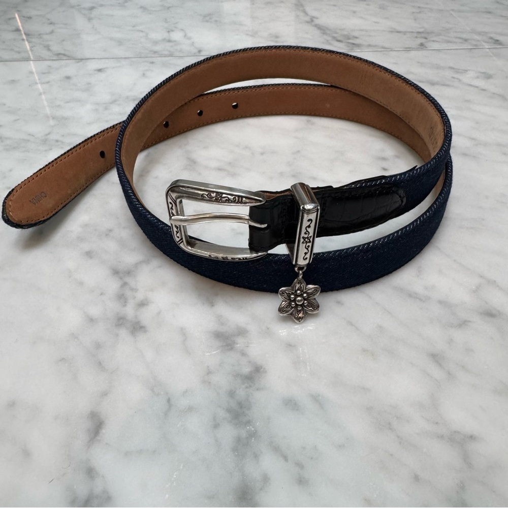 Brighton Denim & Leather Belt w/ Silver Floral Charm – Size M/L (36)